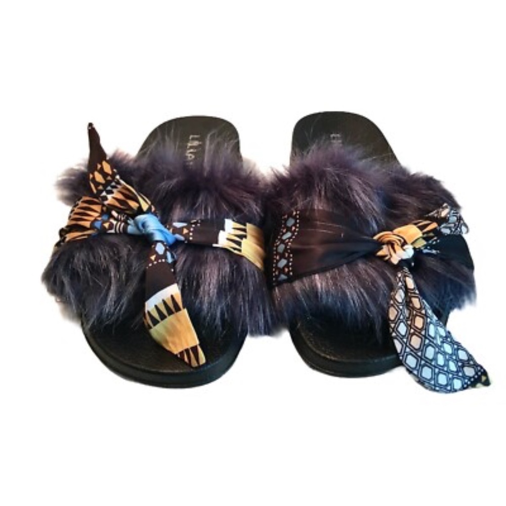 Liliana Womens Faux Fur Slides Slippers Size 6.5 Blue Slip On Casual Sandals - Picture 4 of 9